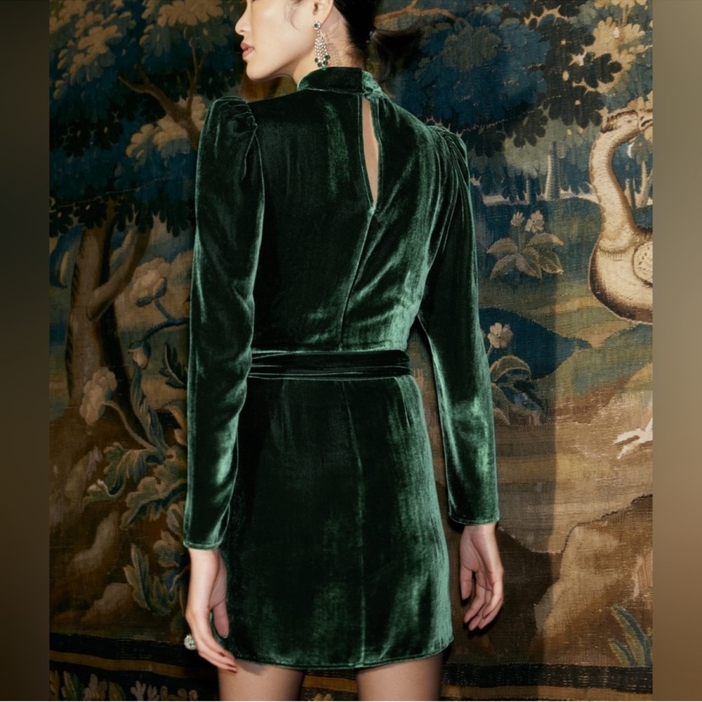Reformation Burgundy Green Velvet Mock Wrap Keyhole Back Mini Dress Holiday 10 - Picture 2 of 9